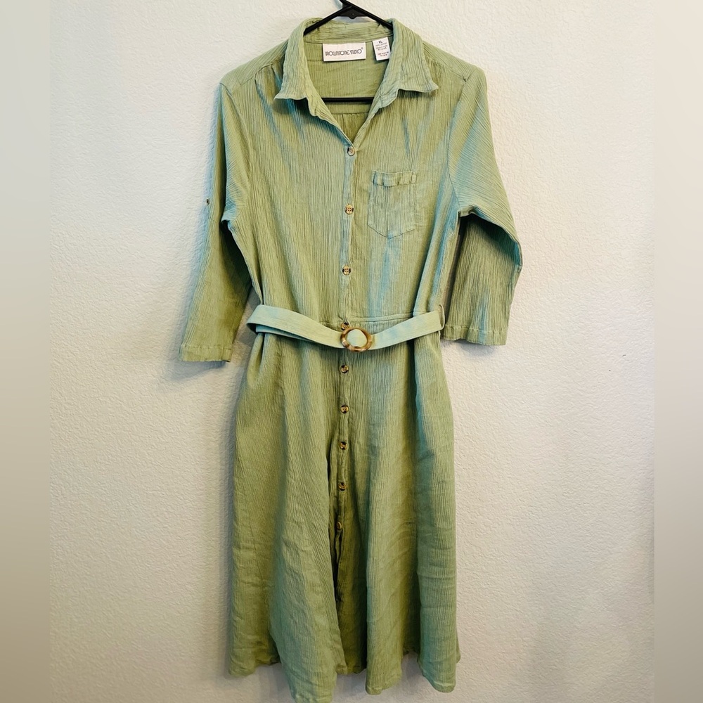 Brownstone Studio Vintage Sage Green Button Down Gauzy Cotton Belted Midi Dress